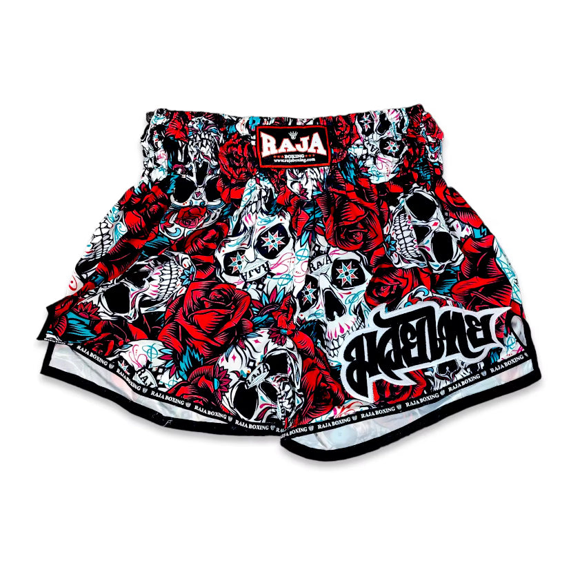 Red and black skull Raja Shorts Rose Skull with white trim