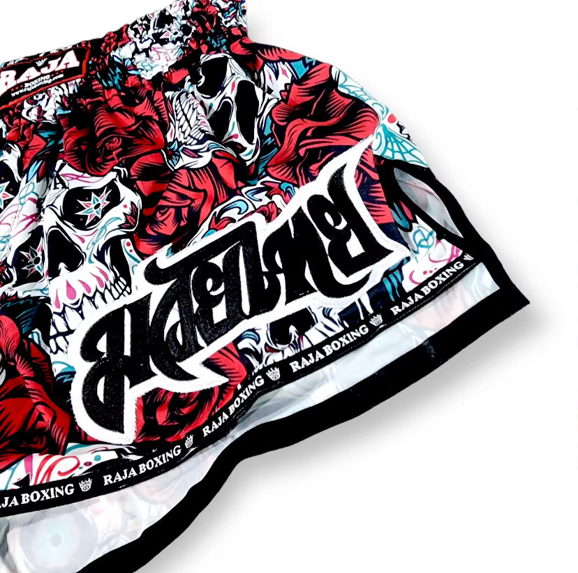 Red and black Raja Boxing skull shorts, Rose Skull design
