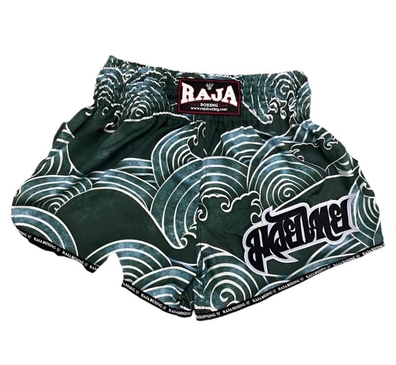Green and white wave-patterned Raja Muay Thai shorts, Raja Shorts Green River