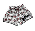 White Raja Shorts Monkey: boxing shorts with white monkey print, red accents, Baja branding