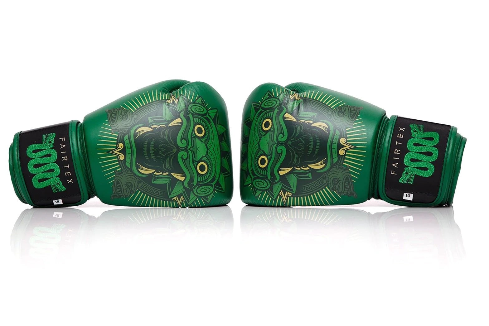 Fairtex BGV Premium Resurrection green Muay Thai gloves with gold accents