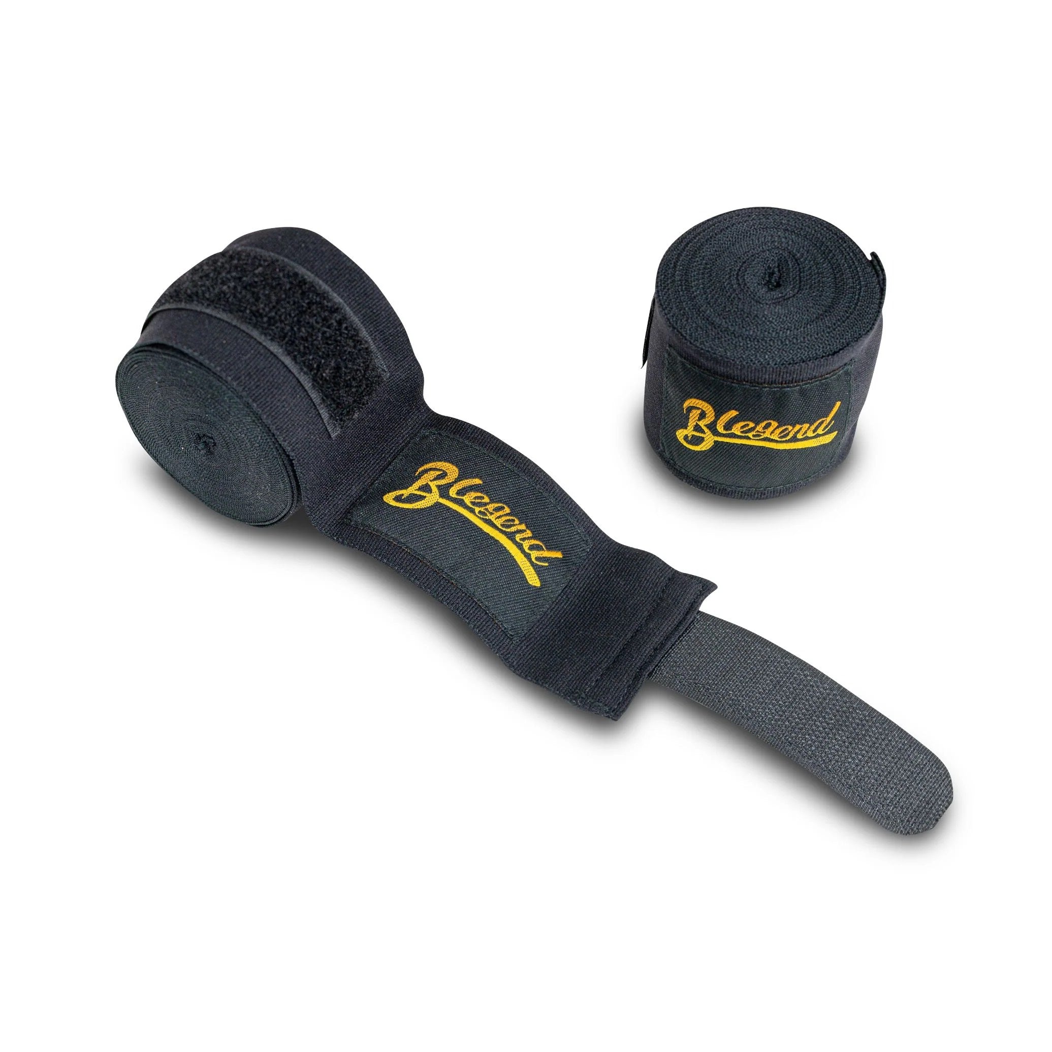 Black Legend wrist wrap with yellow logo and Velcro closure