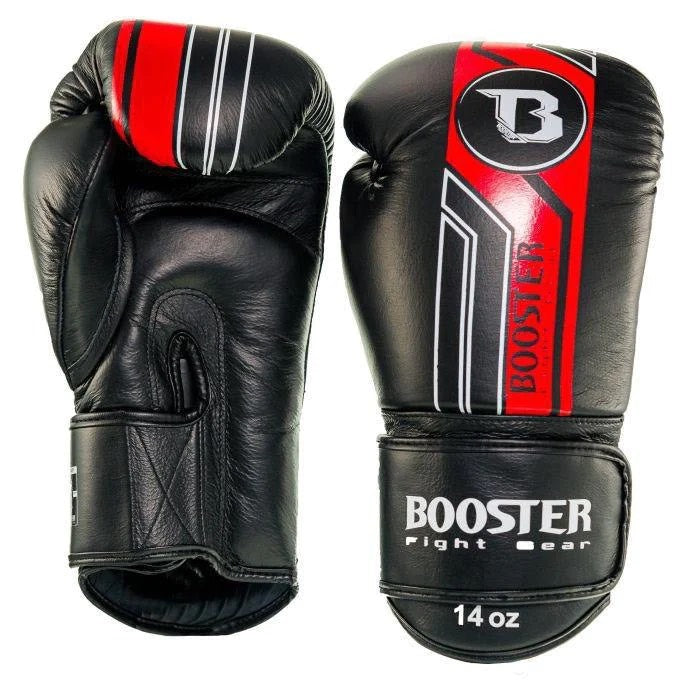 Black and red Booster BGLV9 boxing gloves with fight gear branding