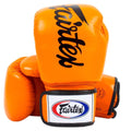 Fairtex BGV19 orange boxing gloves with black text and white logo