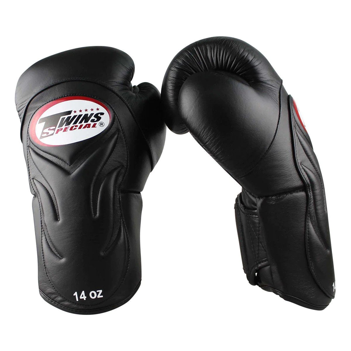 Twins Special BGVL6 14 oz black leather boxing gloves with flame design