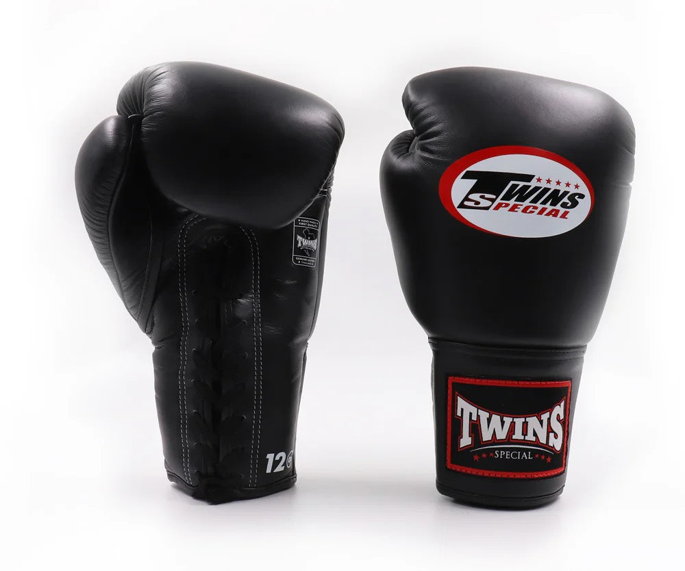 Twins Special black leather boxing gloves BGLL1 with red white logo