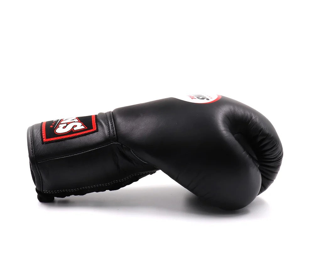 Black lace-up Twins Special BGLL1 boxing glove in leather with red white logo