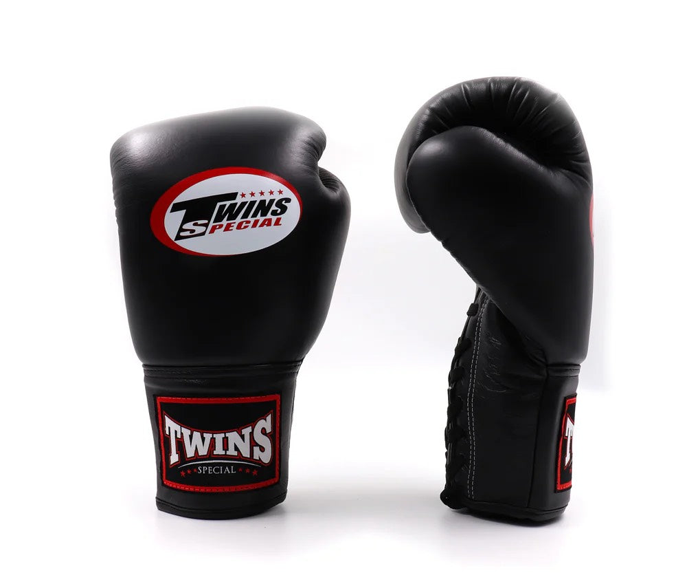 Twins Special black leather boxing gloves with red accents and logo