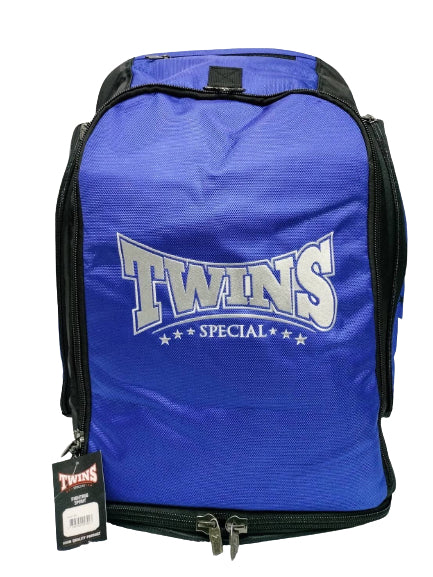 Twins special blue and black rucksack backpack with white text