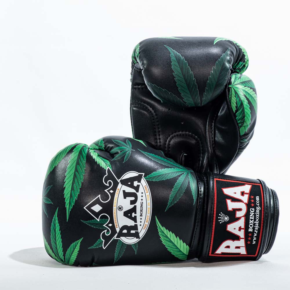 Black leather Raja boxing gloves with green marijuana leaf design