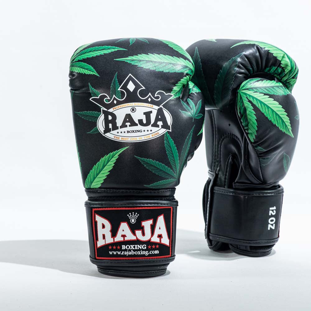 Raja Boxing Gloves Glass with black green marijuana leaf design