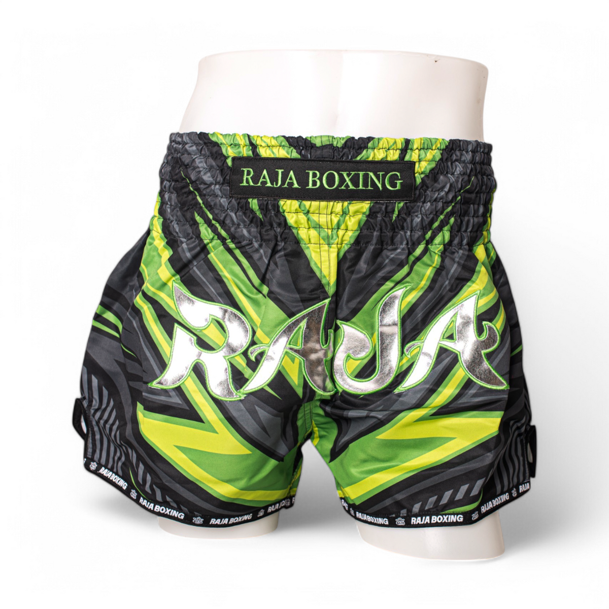 Raja Muay Thai Shorts — Green Blade Logo (RK-7) — MMAGuy fight gear Phuket