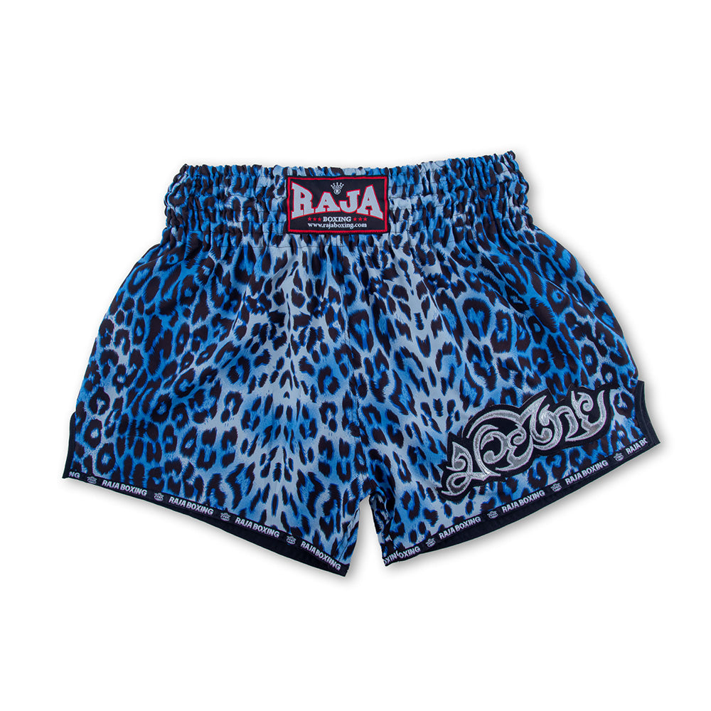 Raja Muay Thai Shorts — Blue Leopard Print — MMAGuy fight gear Phuket