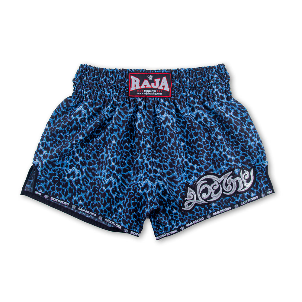 Raja Muay Thai Shorts — Blue Leopard Navy — MMAGuy fight gear Phuket