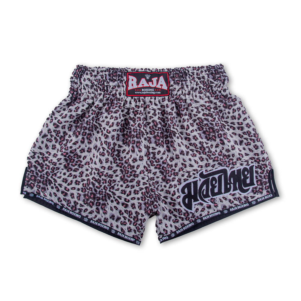 Raja Muay Thai Shorts — White Grey Leopard — MMAGuy fight gear Phuket