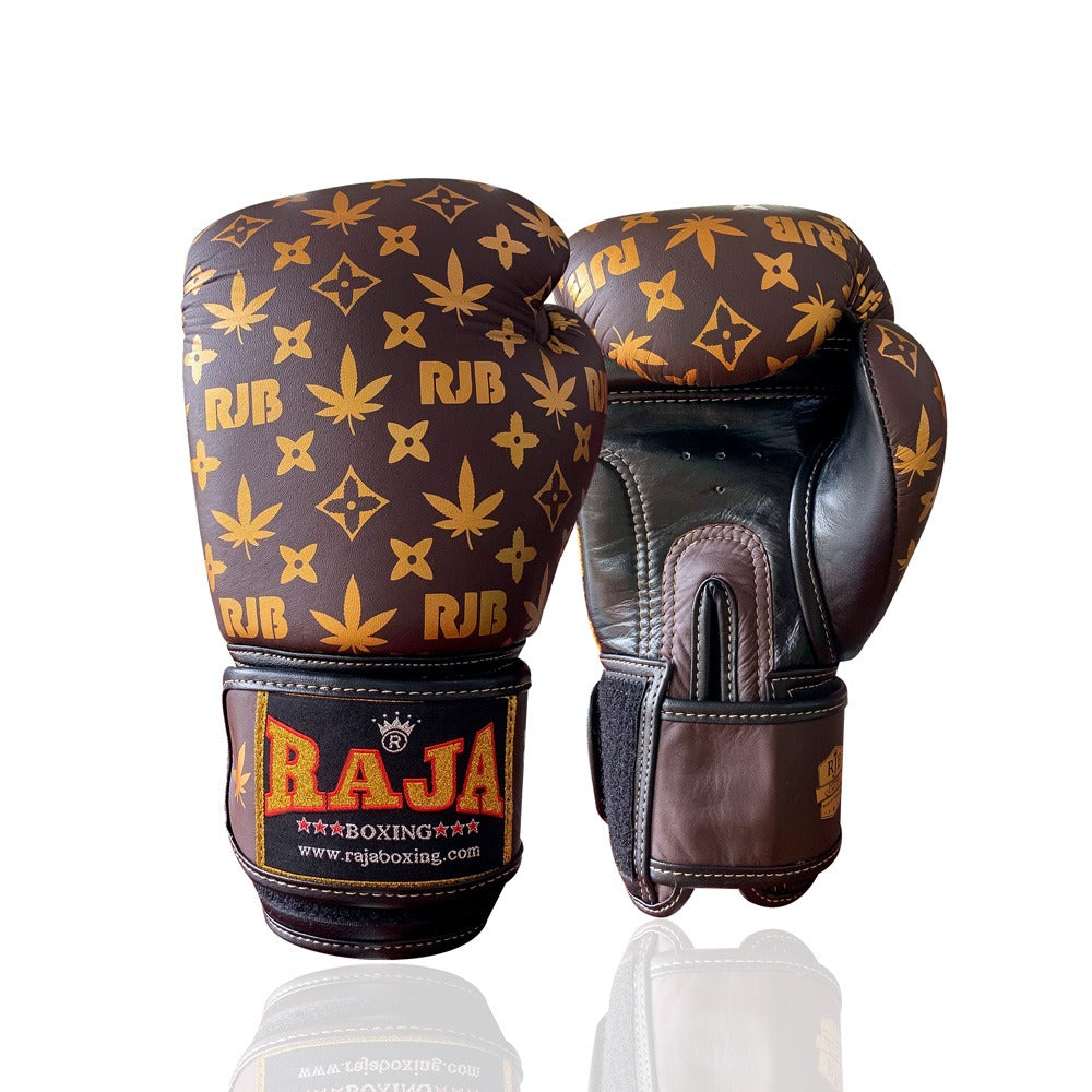 Raja Boxing Gloves: Brown leather with cannabis leaf and star patterns