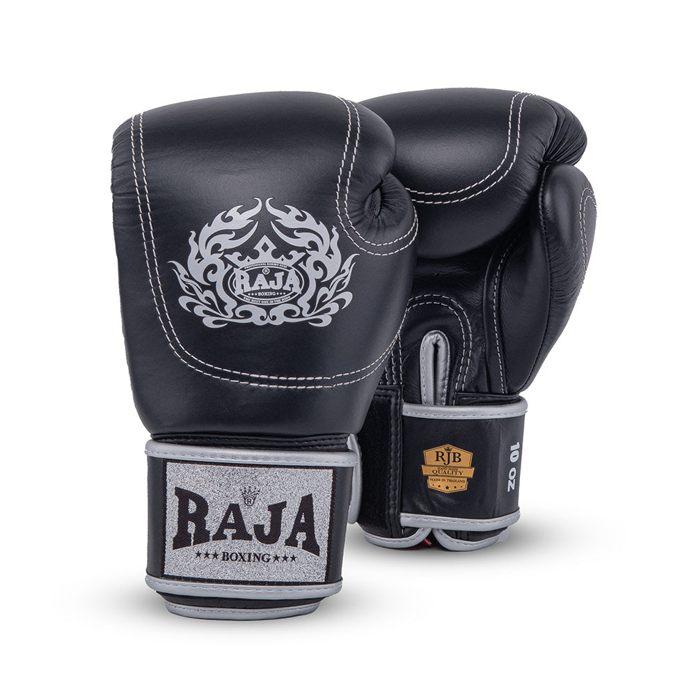 Raja Boxing Gloves — Double Line Black (RJB-P2-BLA) — MMAGuy fight gear Phuket