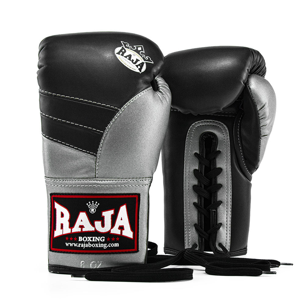 Raja Boxing Gloves — Pro Lace Up Gray/Silver (RBGV-PRO-1) — MMAGuy fight gear Phuket