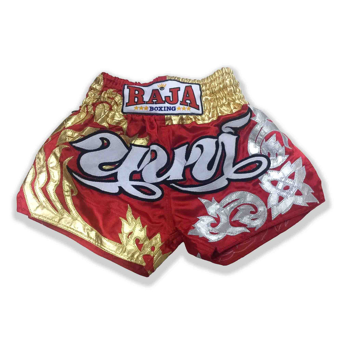 Raja Muay Thai Shorts — Silver Flame Red — MMAGuy fight gear Phuket