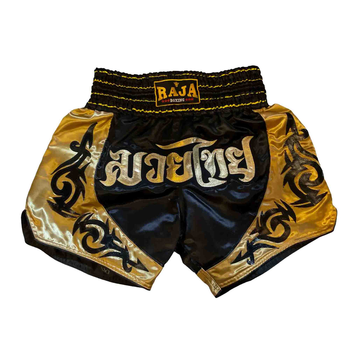Raja Muay Thai Shorts — Gold Panel Black — MMAGuy fight gear Phuket