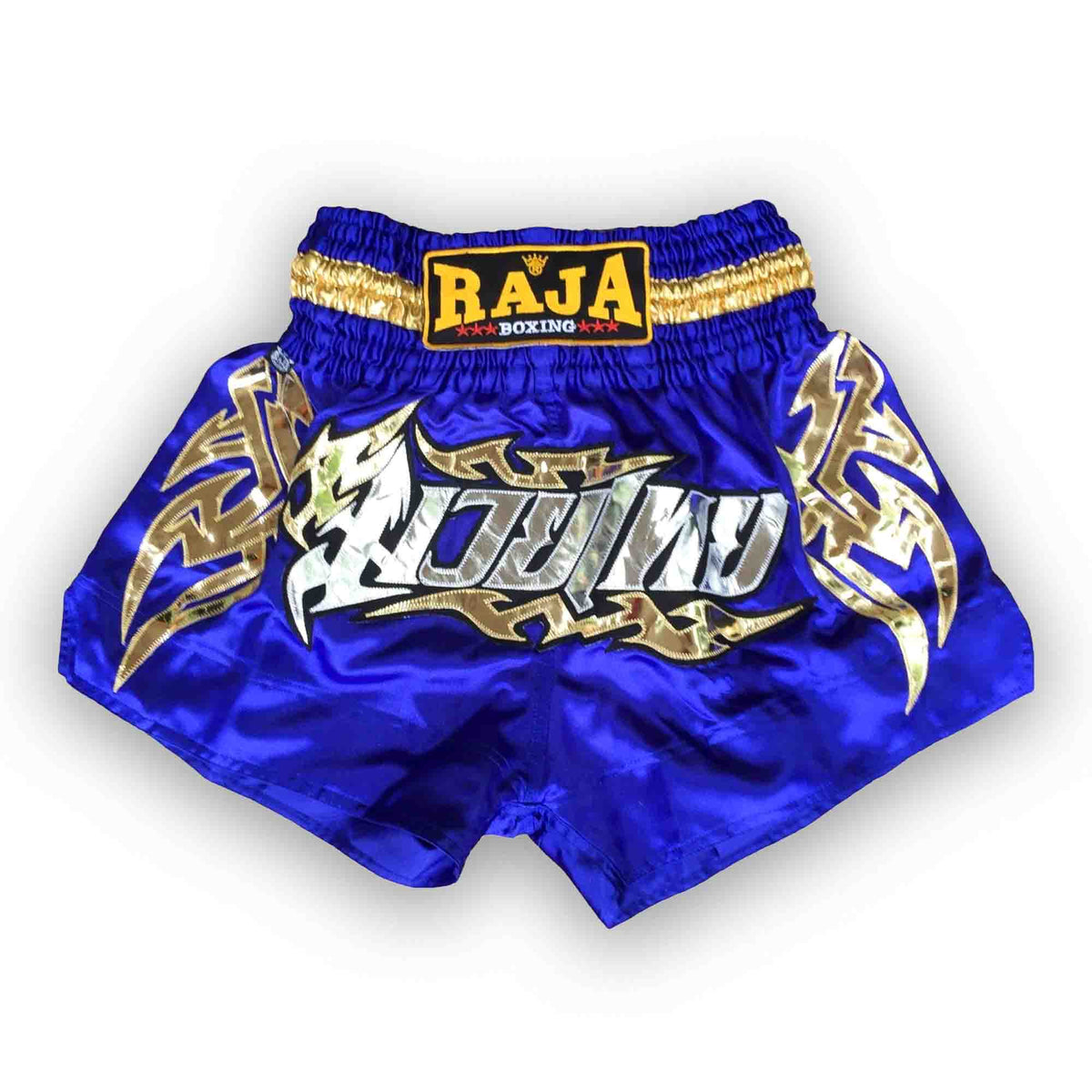 Raja Muay Thai Shorts — Royal Script Blue — MMAGuy fight gear Phuket