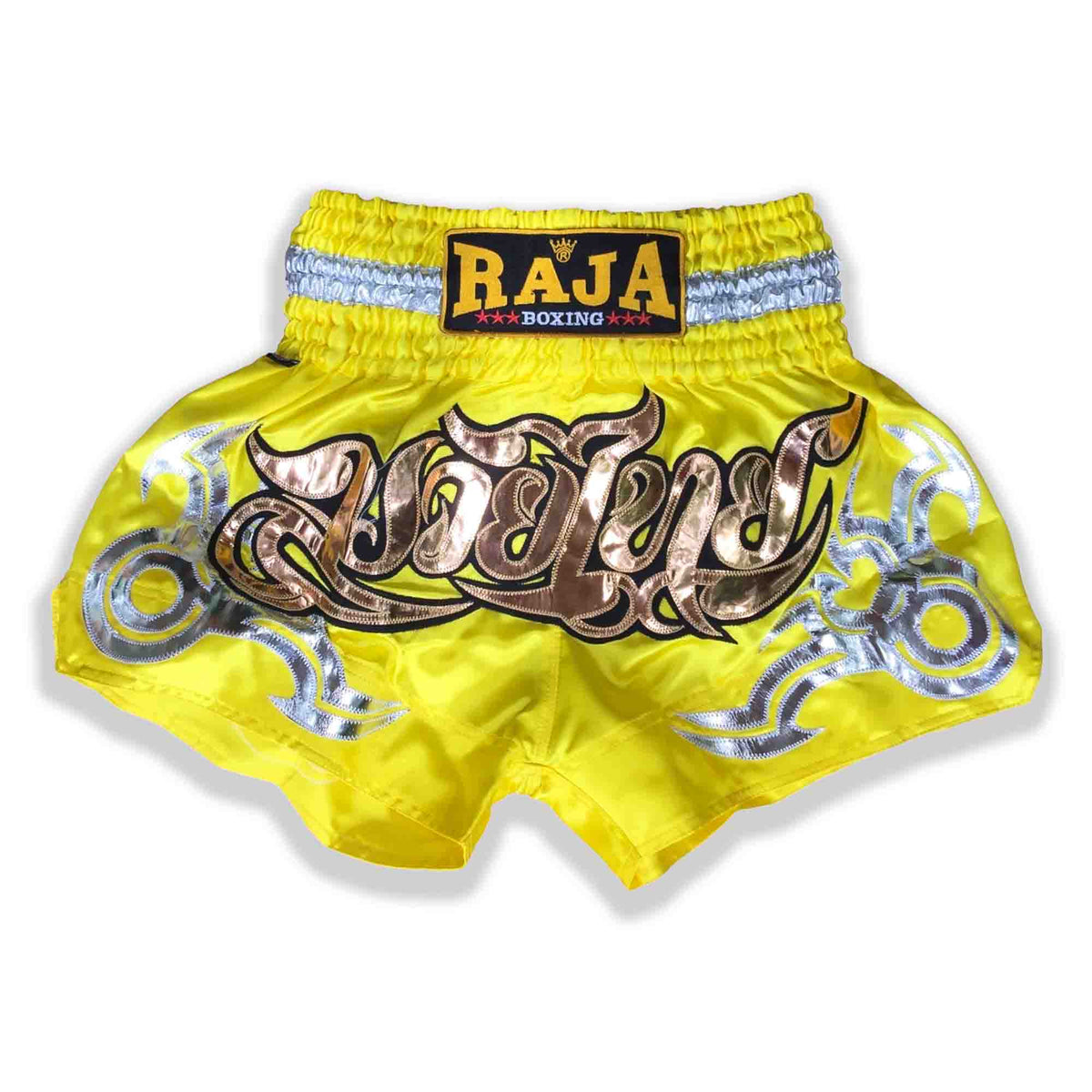 Raja Muay Thai Shorts — Silver Flame Yellow — MMAGuy fight gear Phuket