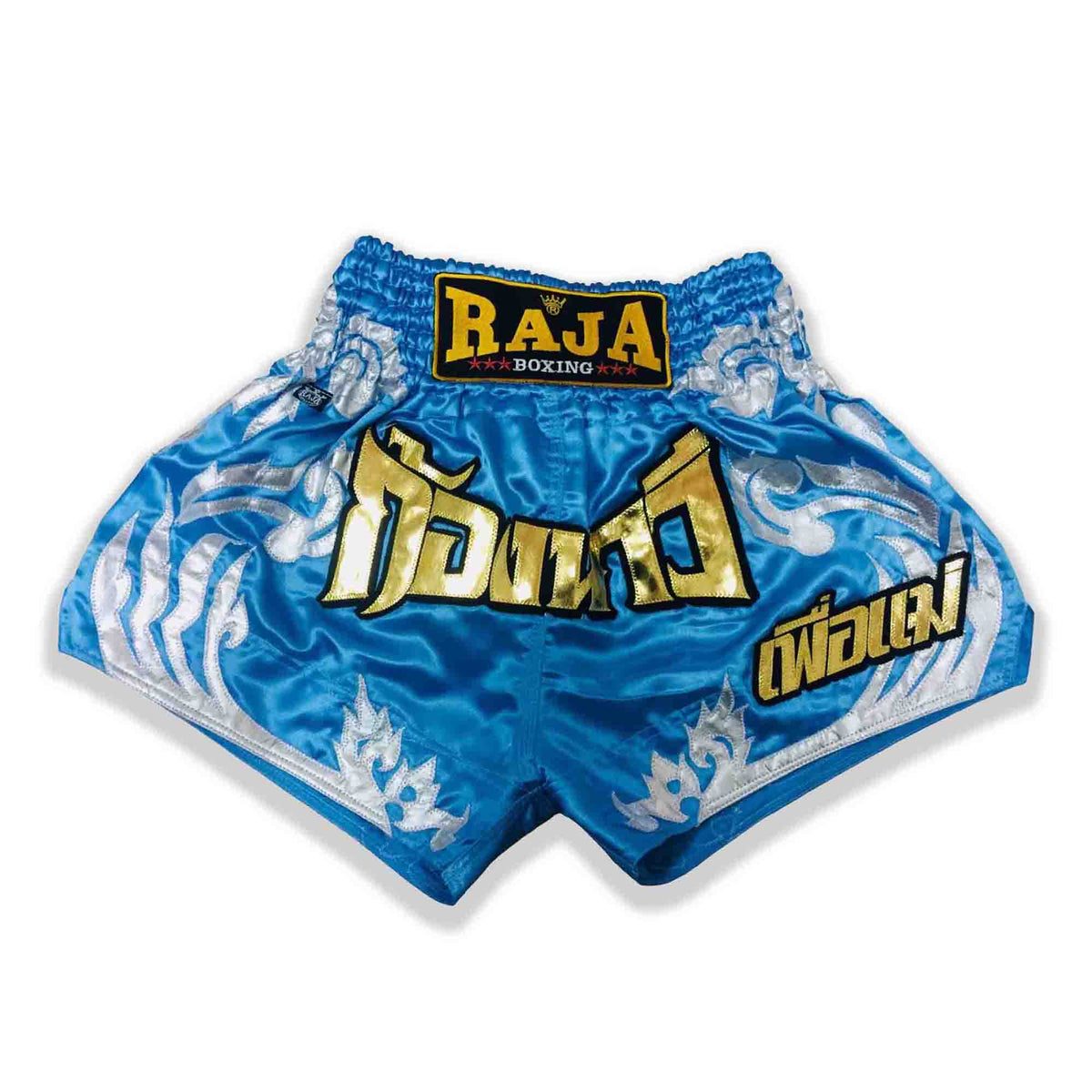 Raja Muay Thai Shorts — Gold Flame Sky — MMAGuy fight gear Phuket