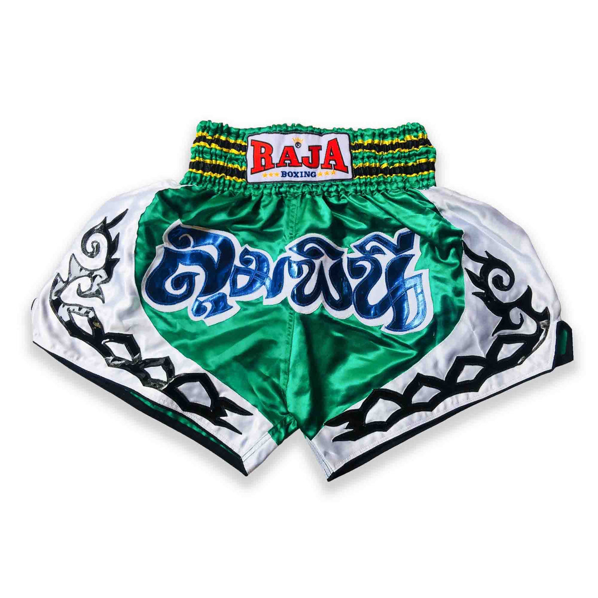 Raja Muay Thai Shorts — Tribal Green — MMAGuy fight gear Phuket