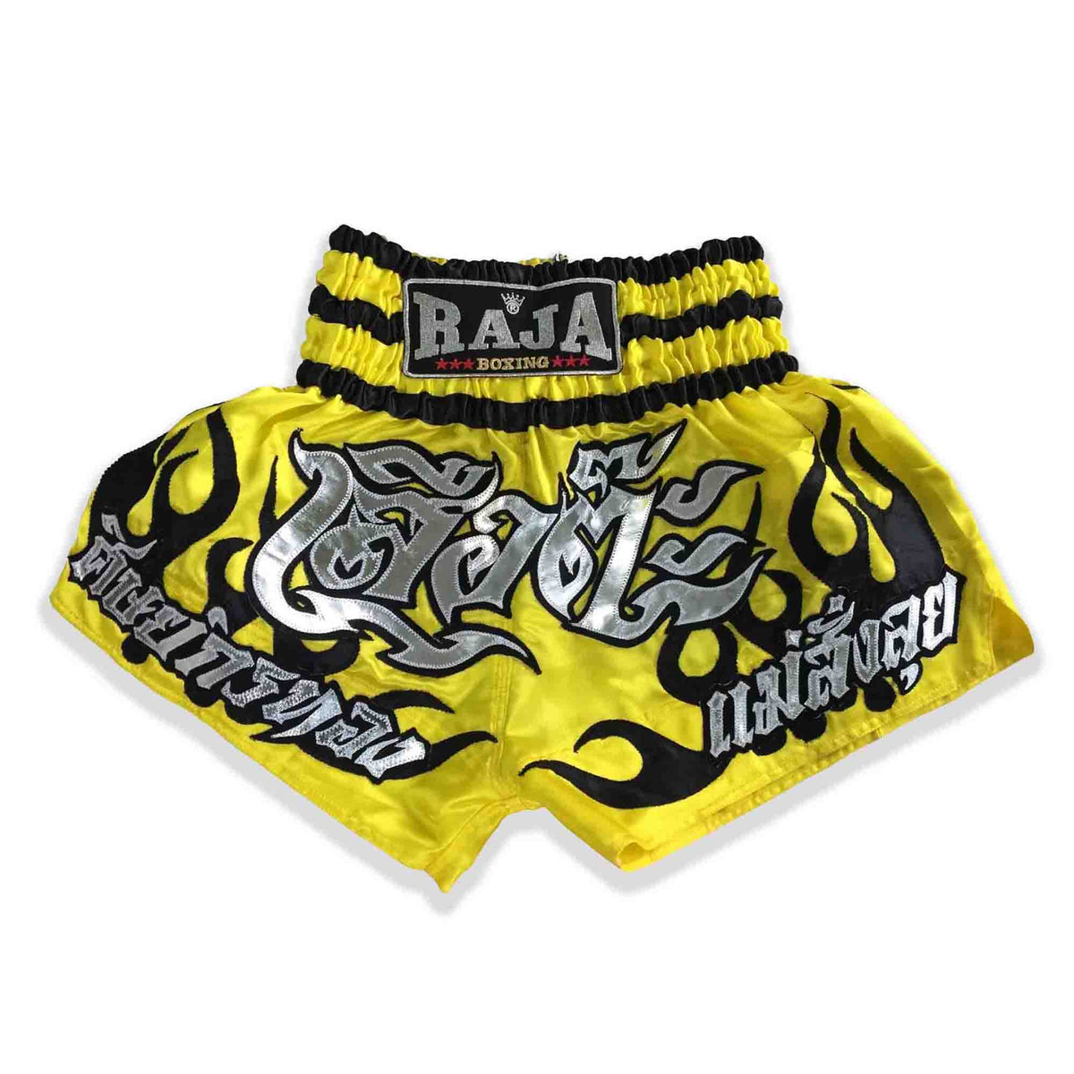 Raja Muay Thai Shorts — Silver Script Yellow — MMAGuy fight gear Phuket