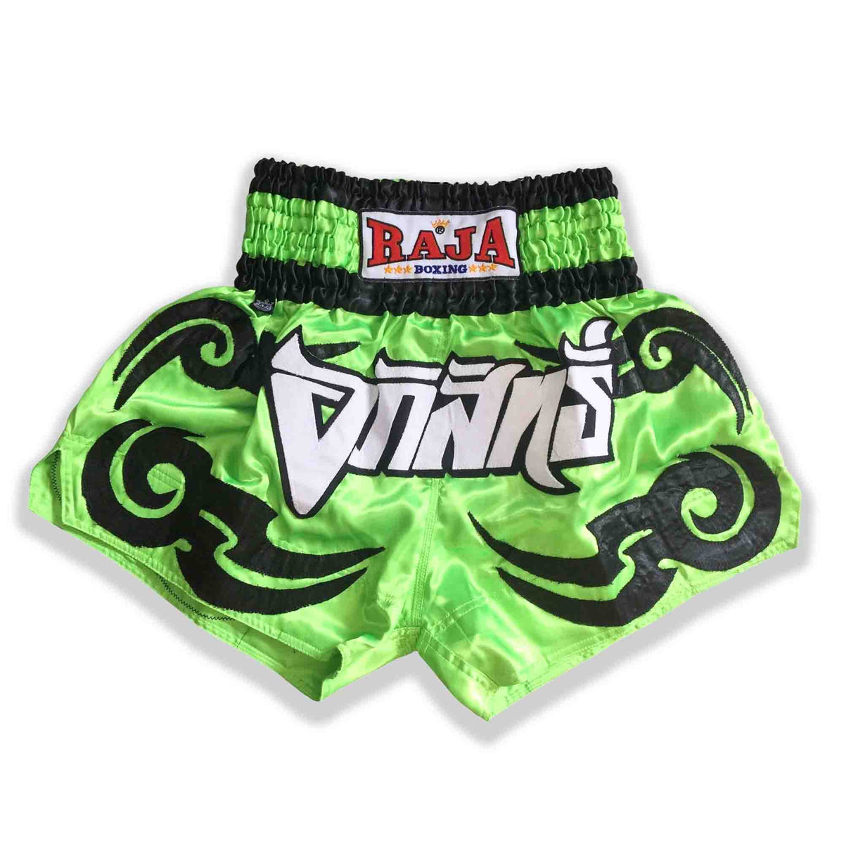 Raja Muay Thai Shorts — Neon Script Green — MMAGuy fight gear Phuket