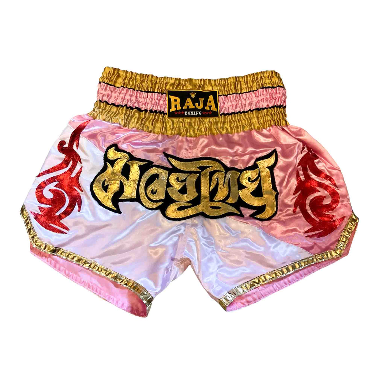 Raja Muay Thai Shorts — Gold Flame Pink — MMAGuy fight gear Phuket