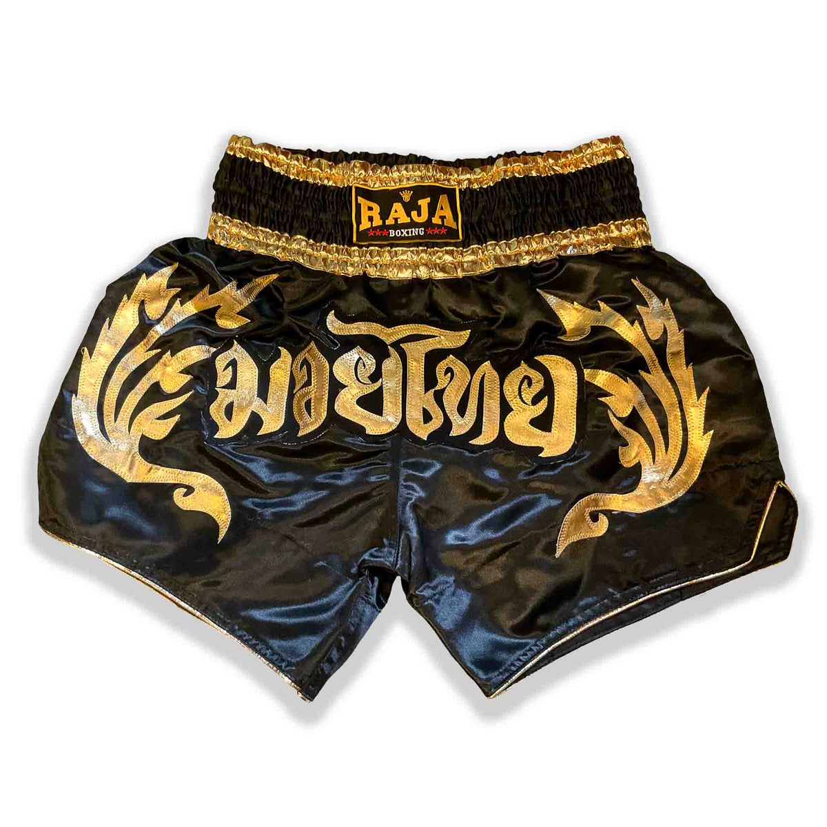 Raja Muay Thai Shorts — Gold Flame Black — MMAGuy fight gear Phuket