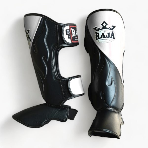 Raja Shin Guards — Double Color Cut On Black/White — MMAGuy fight gear Phuket