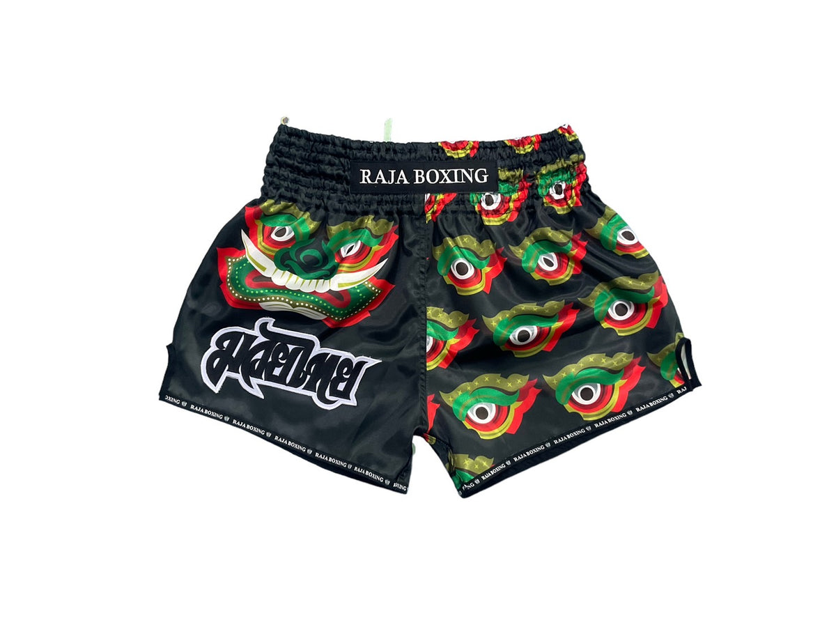 Raja Muay Thai Shorts — Green Mask (SP67-003) — MMAGuy fight gear Phuket
