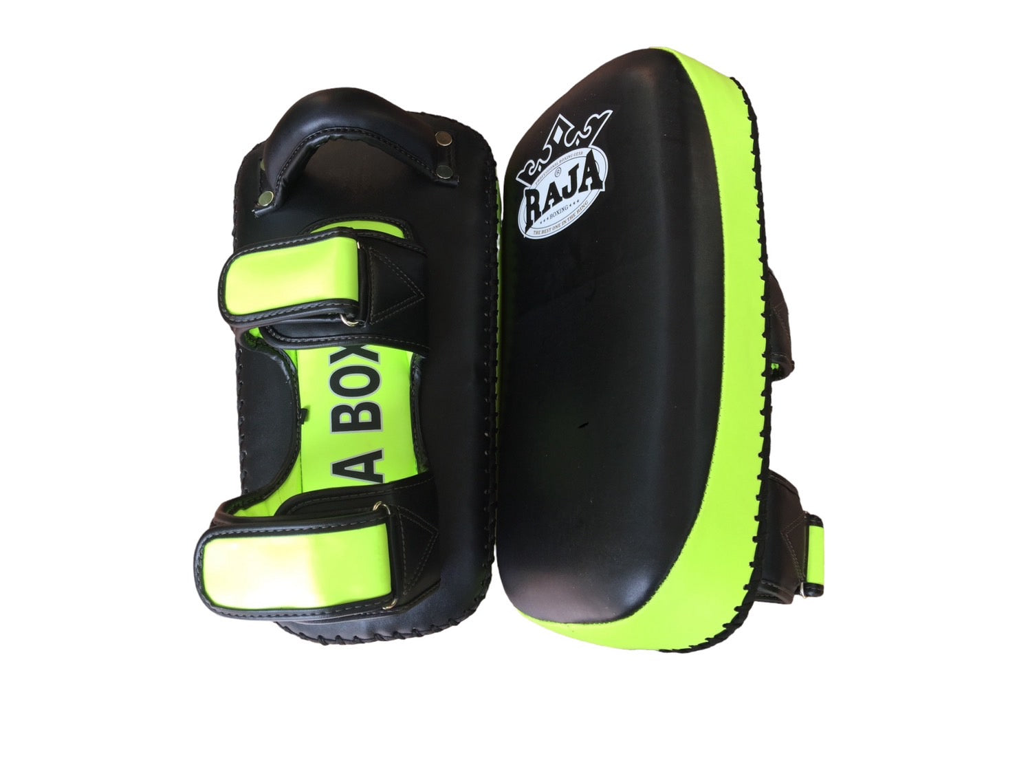 Raja Kicking Pads — Curved Extra Thick Lime Green/Black — MMAGuy fight gear Phuket