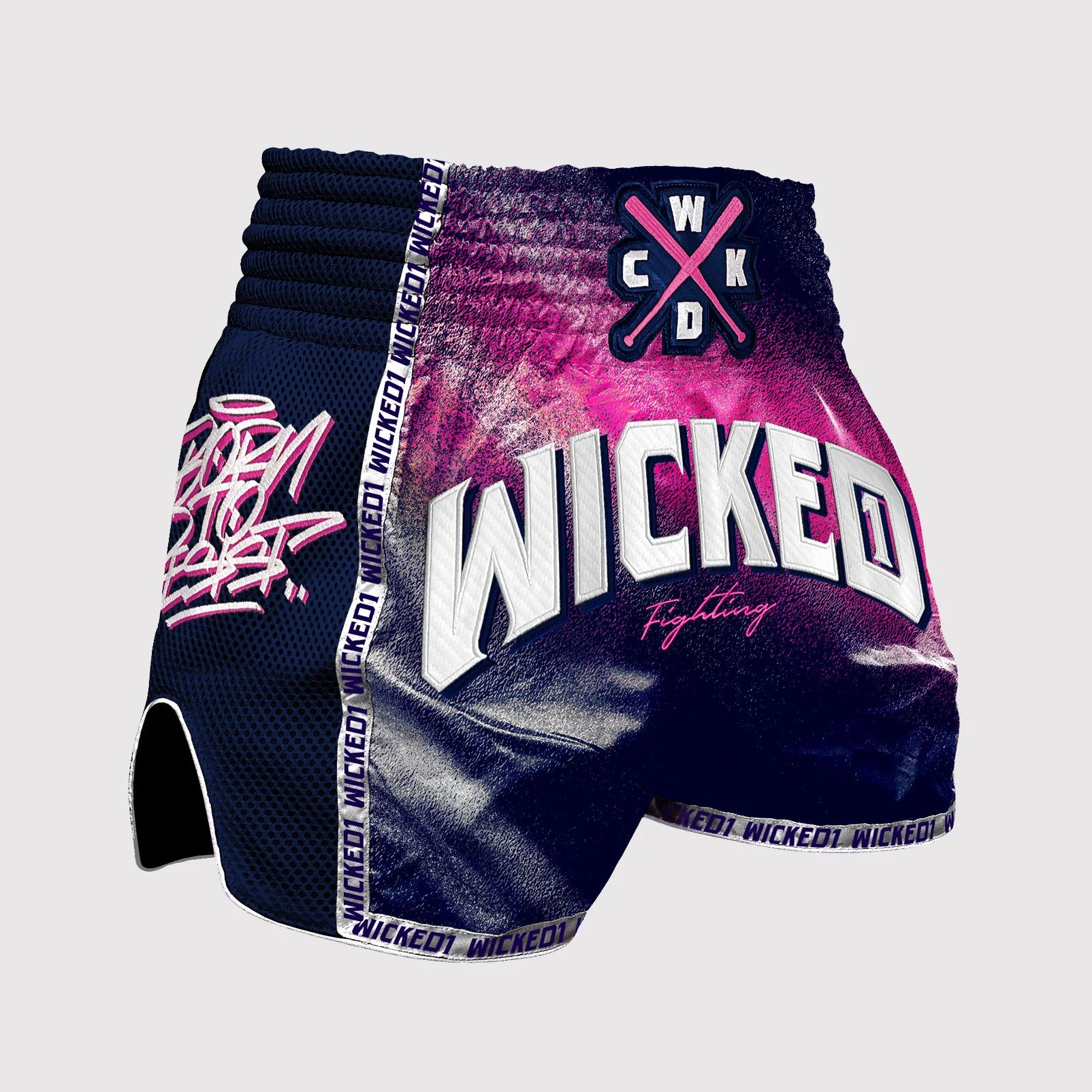 Wicked1 MUAY THAI SHORT SPRAYING NAVY PINK