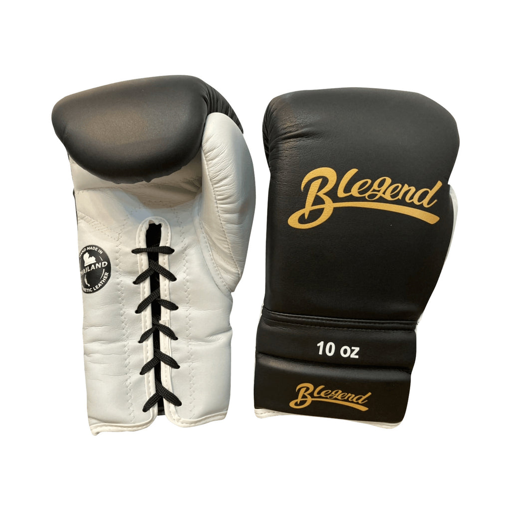 Blegend Boxing Gloves BGLLP Lace Up Black White — lace-up palm and front, fight gear in Phuket (Chalong) | MMAGuy
