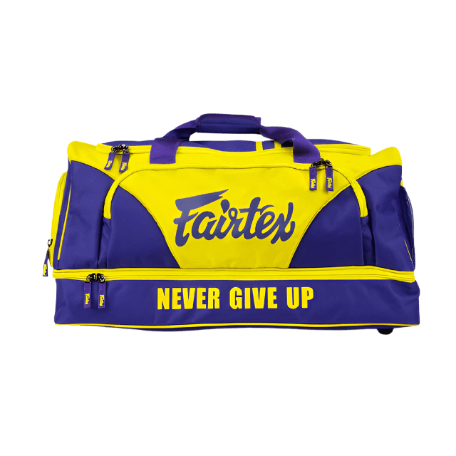 Fairtex BAG2 gym bag purple and yellow, side profile