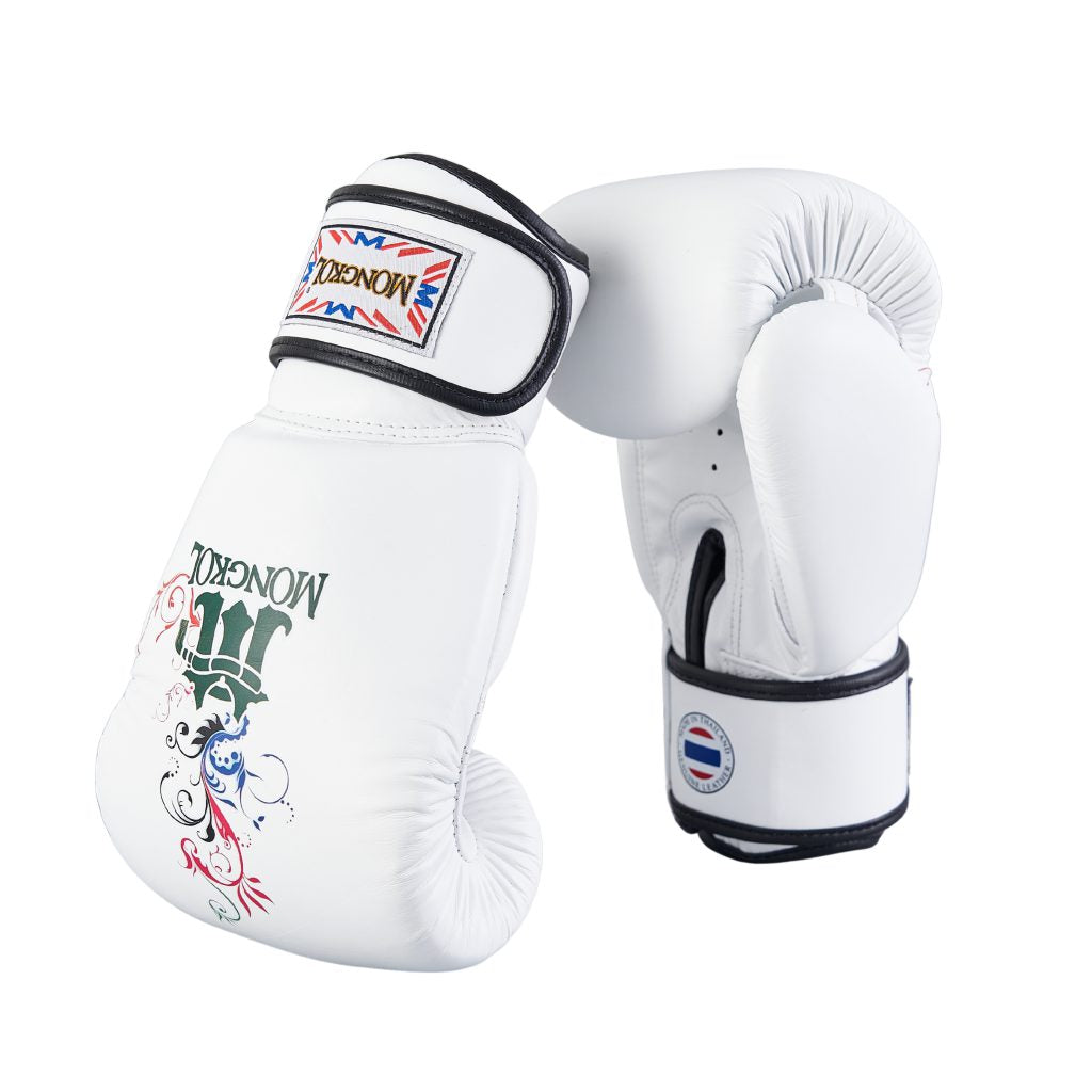 Mongkol Liana white boxing gloves with Thai flag patch