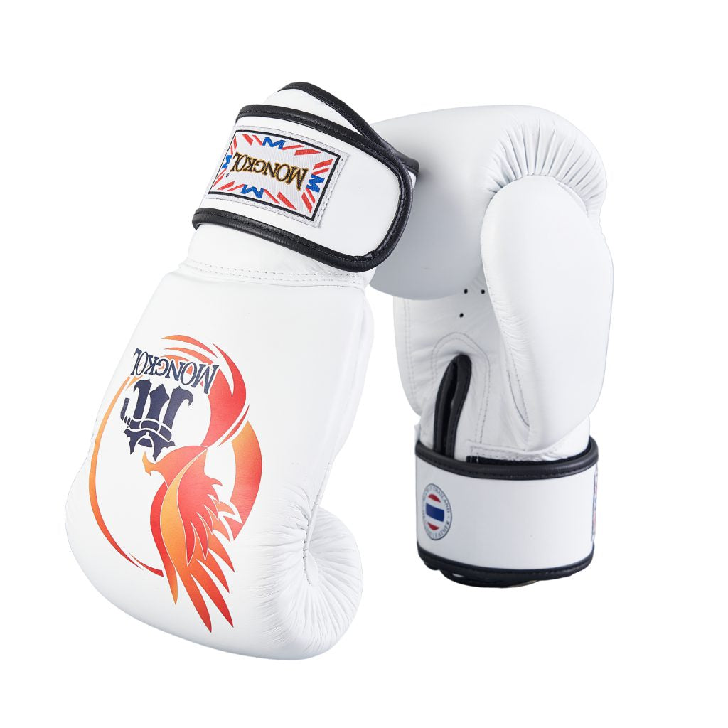 White leather Mongkol Phönix boxing gloves with red phoenix design