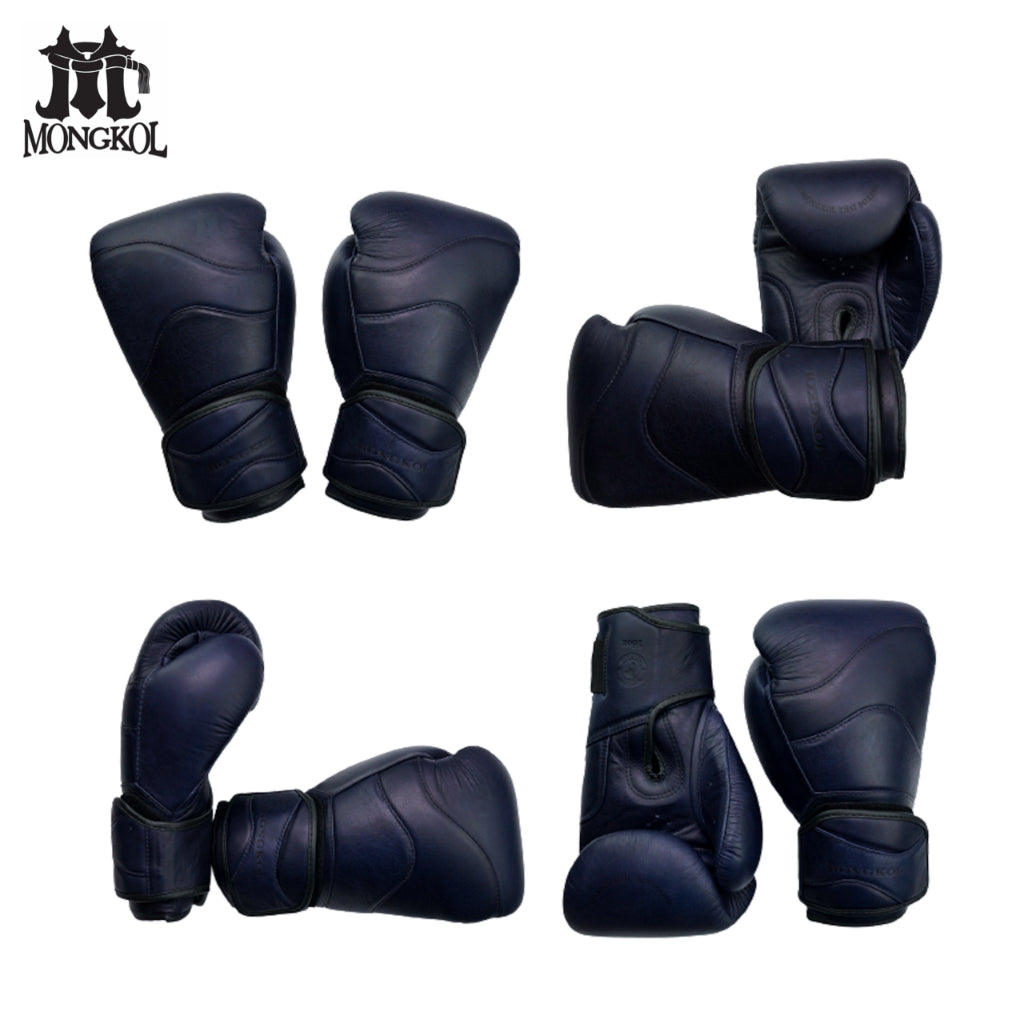 Mongkol BGM04 Navy black leather boxing gloves with padded knuckles