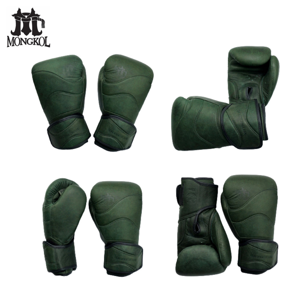 Olive green Mongkol BGM04 boxing gloves with padded knuckles